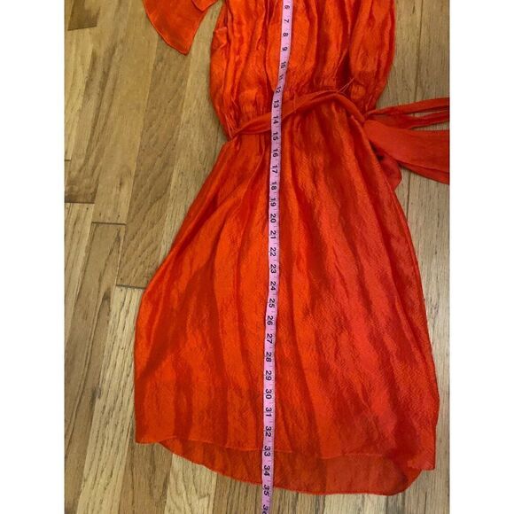 Calvin Klein Women's Red Ruffle Sleeve lined silk scoop neck tied waist Dress 2 - Picture 7 of 9